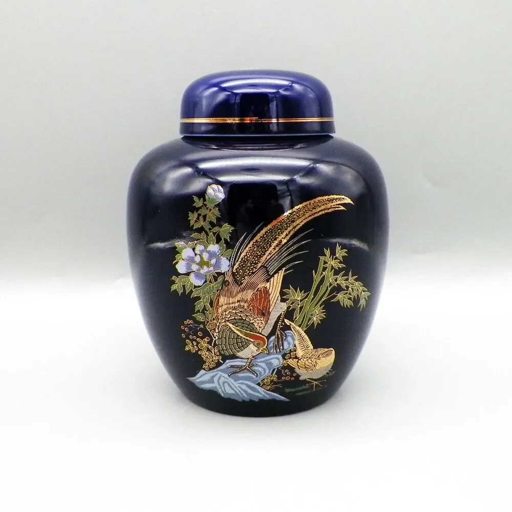 Cobalt Blue Pheasant Ginger Jar Vase with Lid Vintage